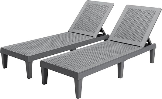 Greesum Outdoor Chaise Lounge Chairs Set of 2 with 5-Position Adjustable Backrest, Waterproof PP Sun Chaise Loungers for Garden Pool Beach Patio Deck Sunbathing, Grey