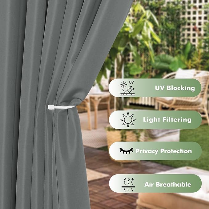 HolidayIdeas Outdoor Curtains for Patio Waterproof, 8 Panels - 54x84 Inches - Weatherproof Privacy Outsides Curtains for Cabana Porch Pergola, Sunlight & UV Blocking (Grey, Grommet Top)