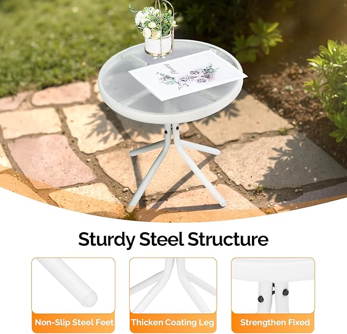 VINGLI Outdoor Side Table, 18" Patio Table Steel Frame Tempered Glass Top, Weatherproof Small Tables for Balcony Garden Poolside (White, Round)