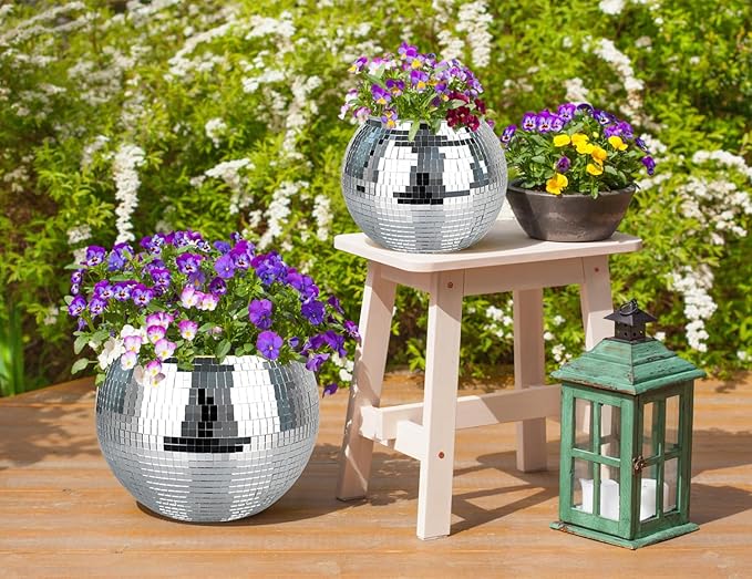 Disco Ball Planter, 1pcs 10” Silver Disco Ball Planter, Disco Ball Plant Hanger with Hanging Rope, Hanging Chain, Hook, Circle and Extra Mirror Pieces