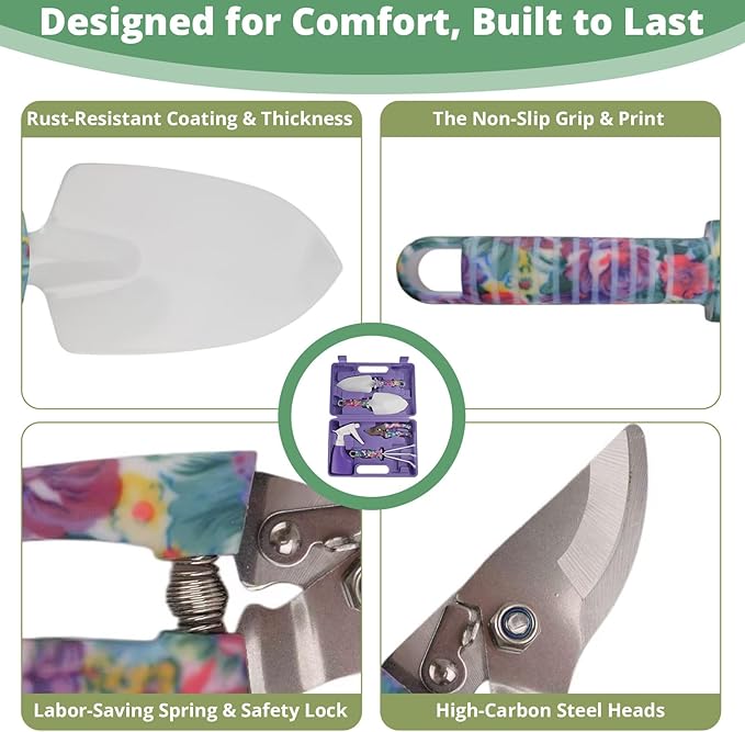 5 Pieces Garden Tools Set with Floral Print, Essential Gardening Kit Includes Trowels, Rake, Pruner, Spray Bottle & Carrying Case, Lightweight Hand Tools Gift for Women & Beginner Gardeners