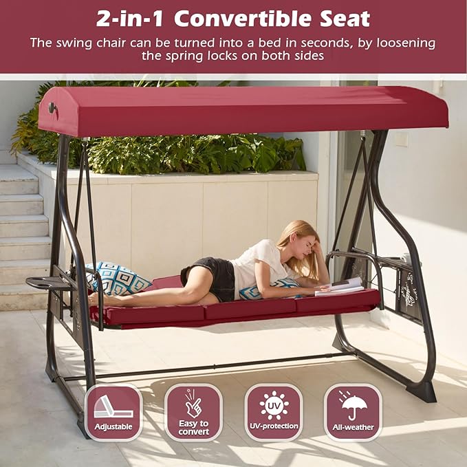 3-Seat Patio Porch Swing 800LBS Outdoor Swing with Stand w/Canopy & Adjustable Backrest Patio Glider Chair w/Removable Pillows & Foldable Side Tray for Balcony Garden Deck (Wine Red)