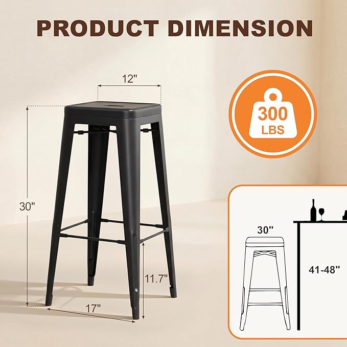 Shahoo 30 Inches Metal Bar Stools Counter Height Stackable Backless Stools, Industrial Patio Stools Indoor Outdoor Metal Kitchen Stools Set of 4 (Black, 30'')