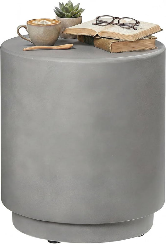 HOMCOM Outdoor Side Table, Round Small End Table with Concrete Finish for Indoor, Patio, Backyard, Pool, Porch, Garden, Lawn, Light Gray