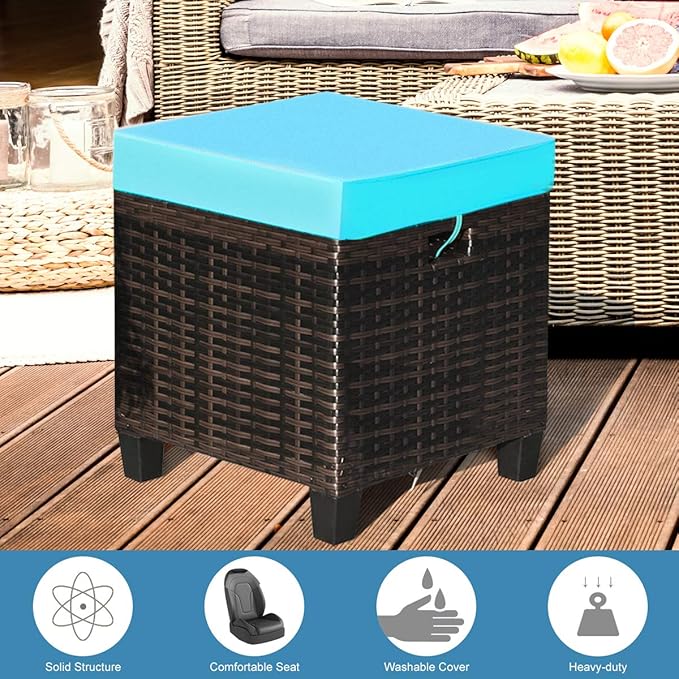 Tangkula 2 Pieces Outdoor Patio Ottoman, All Weather Rattan Wicker Ottoman Seat, Patio Rattan Furniture, Outdoor Footstool Footrest Seat w/Removable Cushions