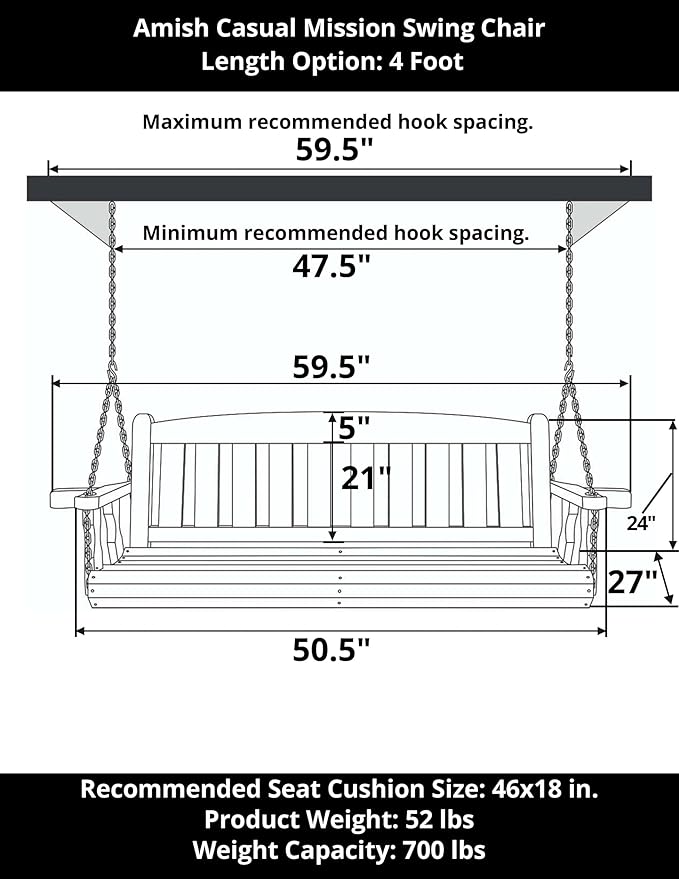 Amish Heavy Duty 800 Lb Mission Treated Porch Swing with Hanging Chains (4 Foot, Semi-Solid Grey Stain)