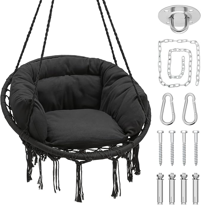 Athena Collection Hammock Chair Hanging Swing Chair with Large Thick Cushions, Outdoor Hanging Chair with Macrame Cotton Rope for Indoor, Outdoor, Bedroom, Balcony, Holds 350 Lbs, Black