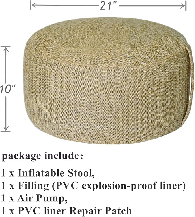 Woven Inflatable Ottoman with Air Pump D21”x H10” Outdoor Indoor Pouf Patio Footrest Stool with Portable Handle, Round Ottoman for Patio Garden, Camping, Bedroom, Living Room Natural Color