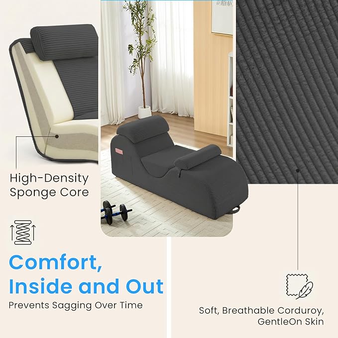 ijuicy 25" Wide Corduroy Yoga Chair, Yoga Lounge Chair for Adults, Chaise Lounge Chair Indoor/Yoga Lounger with Headrest, Waist Cushion, Movable Footrest, Side Pockets,High Density Sponge-Light Grey