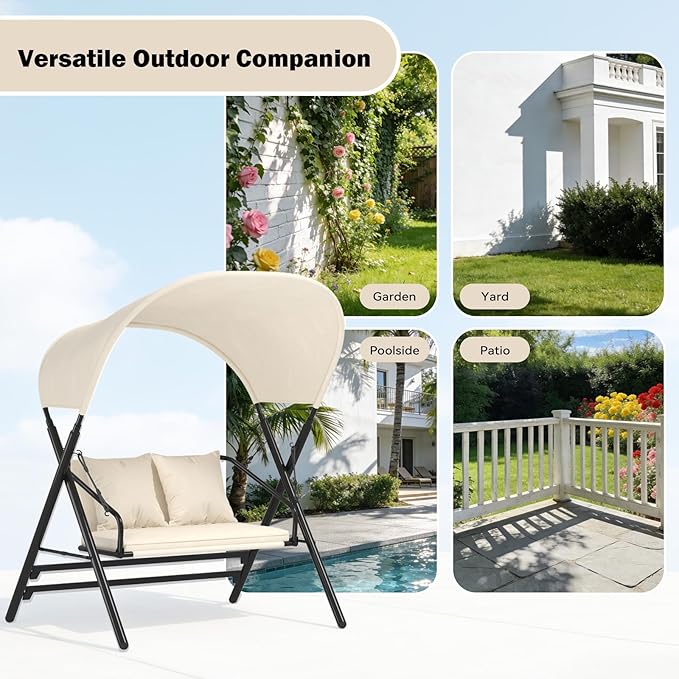 AECOJOY Outdoor Porch Swings for Adults 600LBS 2 Seat Patio Swings with Canopy Stand Thick Cushion Pillows Metal Steel Frame Patio Swing Chair for Garden Yard Deck Poolside Easy Assembly
