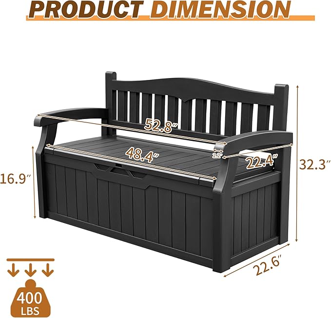 Devoko 80 Gallon Storage Bench Deck Box Lockable for Patio Furniture, Garden Decor and Outdoor Seating for Cushions, Garden Tools and Pool Supplies (Black)