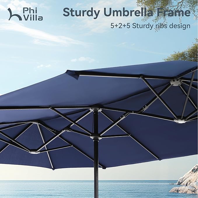PHI VILLA 8 PCS Patio Dining Set with 13ft Blue Patio Table Umbrella for 6, 1 Rectangle Metal Table and 6 Outdoor Swivel Patio Chairs, Garden Dining Fruniture Set for Lawn Deck(No Umbrella Base)