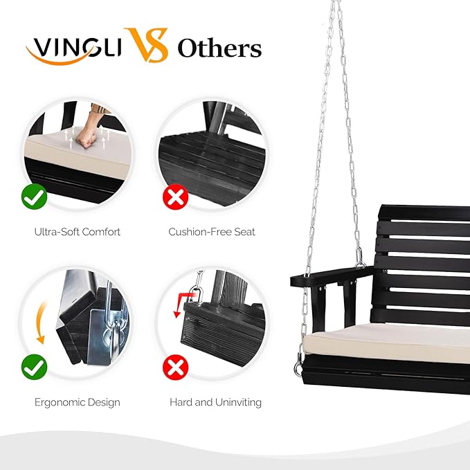 VINGLI Wooden Porch Swing, Heavy Duty 880 LBS Hanging Patio Bench with Extra Cushion for Lawn| Garden| Courtyard (Black, 4 feet)