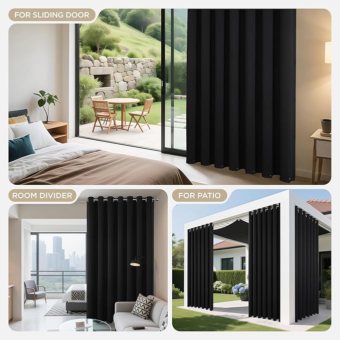 Joydeco Blackout Patio Sliding Door Curtains 96 Inches Long, Grommet Privacy Room Divider Curtains, Extra Wide Thermal Blackout Drapes for Bedroom Living Room (Black, 80Wx96L, 1 Panel)