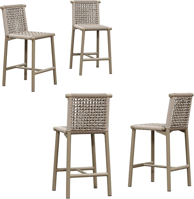 PURPLE LEAF Outdoor Counter Height Stools Set of 4 Aluminum Wicker Bar Stool with Back for Backyard Pool Lawn Kitchen Patio Metal Barstool Chairs Champagne