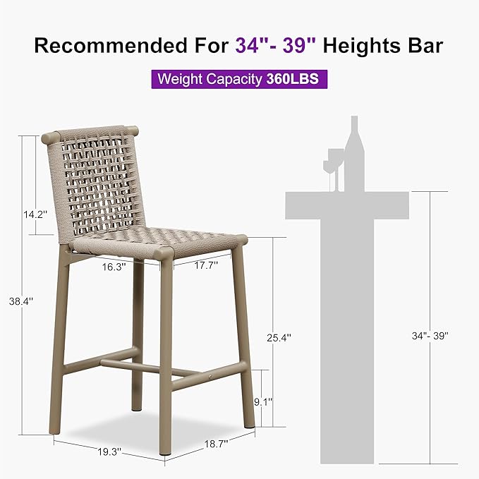 PURPLE LEAF Counter Height Stools Set of 2 with Back Aluminum Patio Bar Stools for Pool Lawn Kitchen All Weather Wicker Outdoor Bar Chairs Champagne