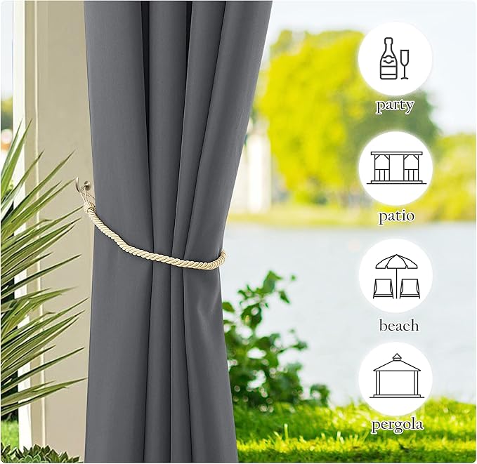 NICETOWN Outdoor Curtains for Patio Waterproof Extra Wide 2 Panels, Rustproof Grommet Indoor Outdoor Porch Curtains & Drapes for Gazebo/Cottage, W72 x L84 Inch, Grey