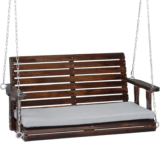 VINGLI Wooden Porch Swing, Heavy Duty 880 LBS Hanging Patio Bench with Extra Cushion for Lawn| Garden| Courtyard (Rustic, 4 feet)