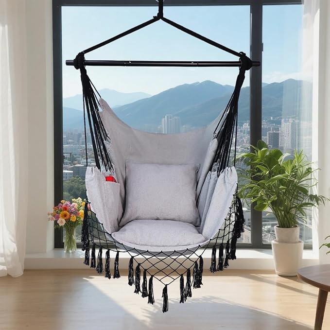 Hammock Chair Hanging Rope Swing Chair,Max 450 Lbs, Large Hanging Chair with Pocket, 2 Cushions, Removable Steel Bar, Hardware Kit Included, Superior Comfort for Indoor Outdoor (Light Grey)