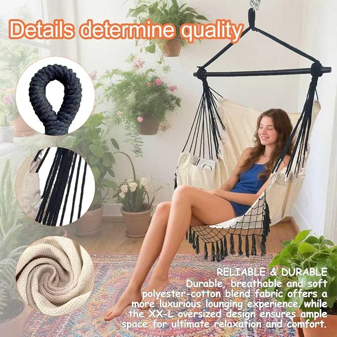Hammock Chair Hanging Rope Swing Chair,Max 450 Lbs, Large Hanging Chair with Pocket, 2 Cushions, Removable Steel Bar, Hardware Kit Included, Sturdy and Comfortable for Indoor Outdoor (Beige)