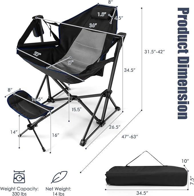 Tangkula Hammock Camping Chair, Portable Camp Chair with Retractable Footrest, Adjustable Back, Headrest, Cup Holder & Carry Bag, Outdoor Folding Lawn Chair for Camping, Fishing, Hiking