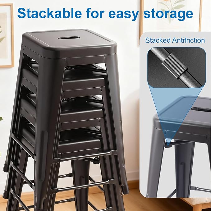 Stackable Metal Bar Stool Backless Indoor-Outdoor Counter Stools Fullmetal Dinning Chairs Set of 4 (Black, 24 Inch)