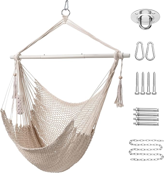 Lazy Daze Hammocks Chair Caribbean Hanging Rope Swing Chair, 40" Removable Steel Spreader Bar with Anti-Slip Rings, Soft-Spun Cotton Rope for Indoor/Outdoor Backyard & Living Room, Max 500 LBS, Beige