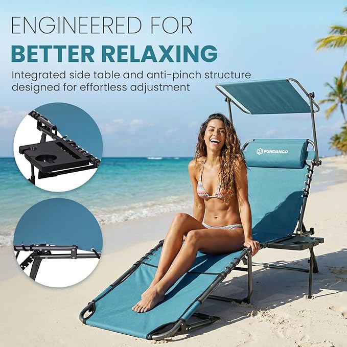 FUNDANGO 4 in 1 Tanning Chair with Face Hole & Canopy Shade, Beach Lounge Chair with Side Table Chaise Lounge Chairs for Patio, Pool, Lawn, Sunbathing, 5-Position Adjustable Sun Lounger,Cyan