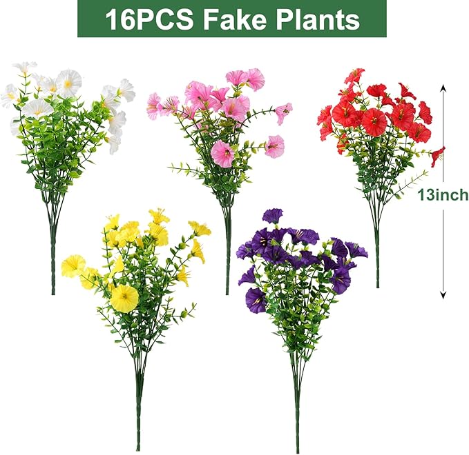 Artificial Flowers for Outdoors, UV Resistant Fake Silk Morning Glory, Realistic Faux Plants for Outside Porch Patio Window Box Hanging Planter (16, Purple White Yellow Pink Red)