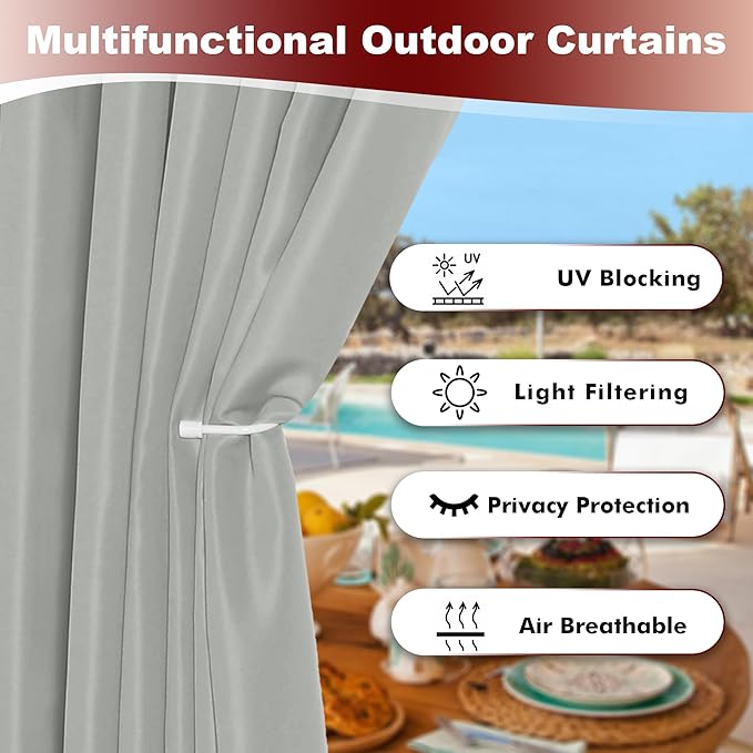 HolidayIdeas Grommet Outdoor Curtains for Patio Waterproof 8 Pcs All Weather Balcony Outside Curtains for Apartments, Gazebo, Pergolas, Porch, 54x95 Inch, Silver Grey