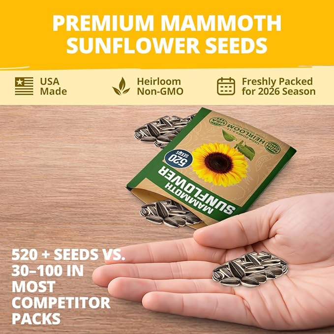HOME GROWN Sunflower Seeds to Plant | 520+ Giant Mammoth Sunflower Seeds for Planting Bulk Packet | Heirloom, High Germination, Easy to Grow Jumbo Sun Flower for Home Garden(Helianthus annuus)