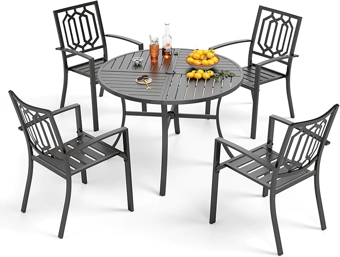 PHI VILLA 5 Pieces Outdoor Round Dining Set for 4, Wrought Iron Circle Table with Umbrella Hole & Stacking Metal Chairs, Modern Furniture Set for Patio, Deck, Backyard, Porch