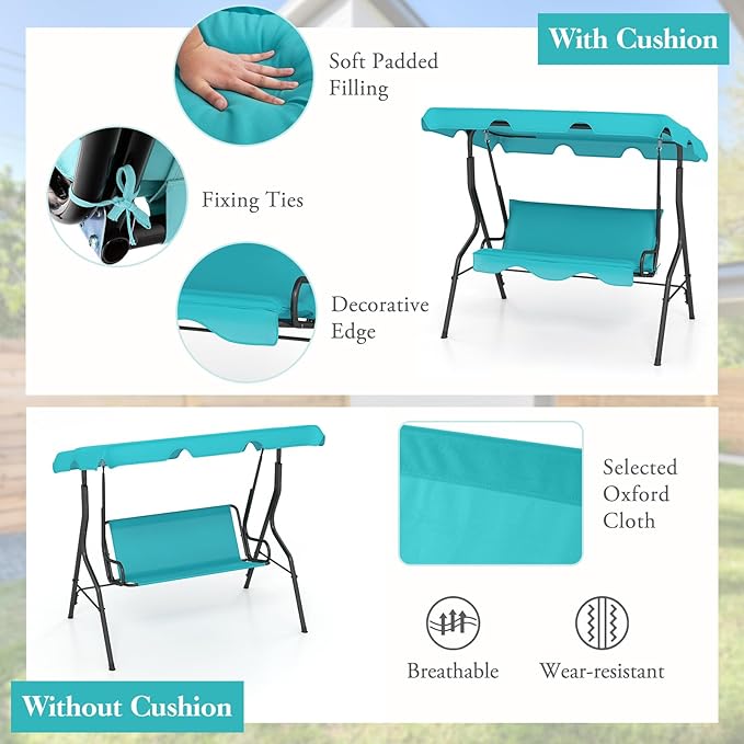 Porch Swing Outdoor, 3 Person Patio Swing w/Removable Cushion, Stand & Adjustable Canopy, Heavy Duty Swing Chair for Patio, Garden, Courtyard, Poolside