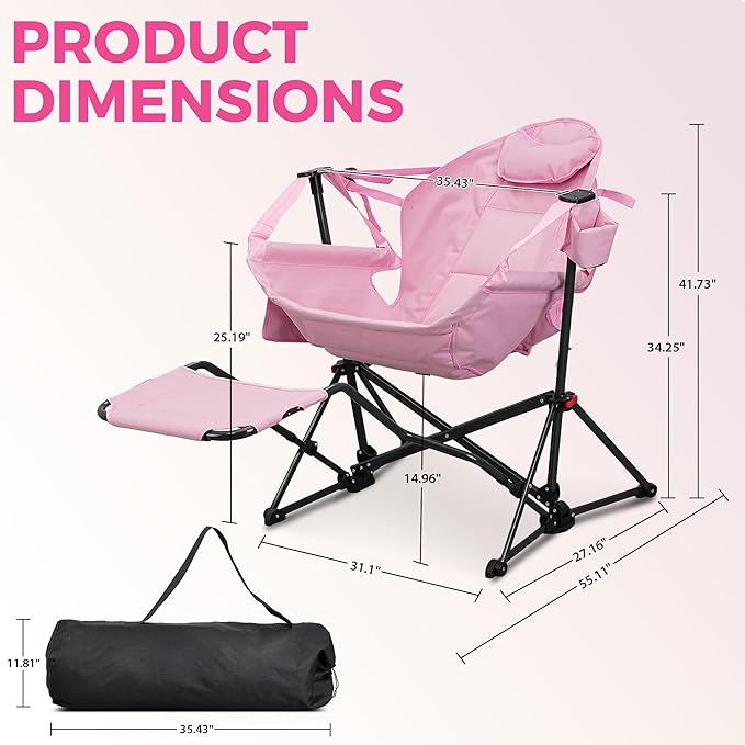 Ainfox Hammock Chair with Footrest, Oversized Swinging Portable Folding Camping Chairs for Adults Outside Swinging Camp with Cup Holder Pillow for Outdoor Patio Lawn Pink