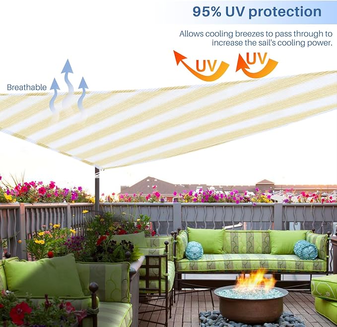 E&K Sunrise 10' x 10' x 10' Sun Shade Sail Triangle Canopy Shade Cover UV Block for Patio Backyard Garden Outdoor (Beige White Strip)