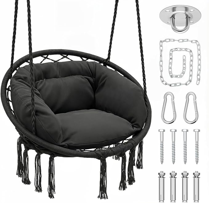 Magshion Hanging Hammock Chair with Cozy Full Cushion Offer Extra Support, Backyard Hanging Macrame Swing Chair for Porch, 350 Lbs Capacity, Comfortable Hammock for Relaxation and Enjoyment (Black)