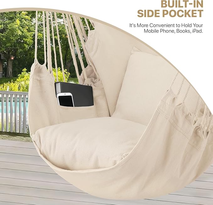 MoNiBloom Hammock Chair Hanging Rope Swing w/2 Cushions, Boho Macrame Hanging Chair Max 350 lbs Capacity w/Side Pocket for Adults Indoor/Outdoor, Living Room Bedroom Comfy Reading Swinging Chair