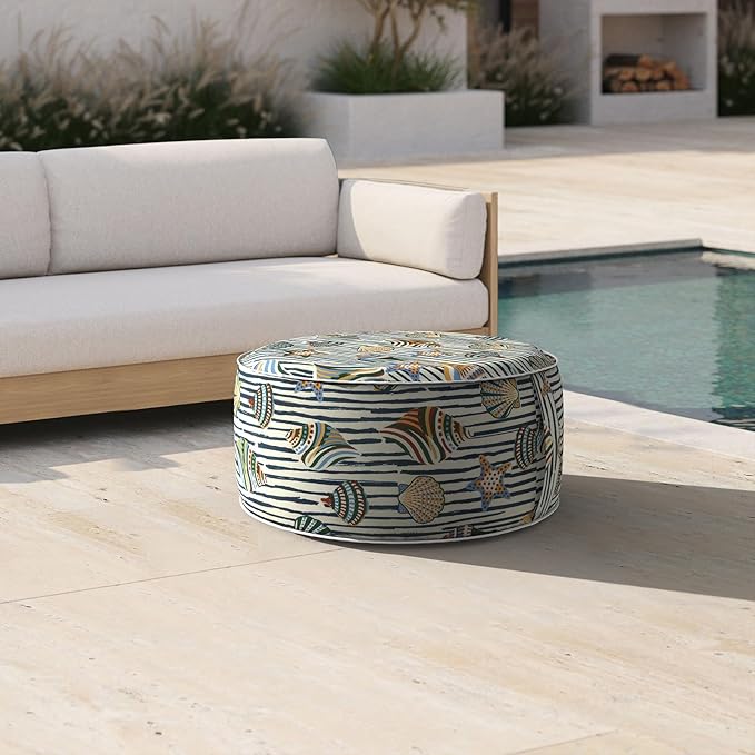 Inflatable Ottoman Stool D21 xH9 for Outdoor/Indoor Use, Water Repellent Patio Foot Rest with Portable Handle,Round Pouf Ottoman Suitable for Garden,Deck and Camping-Crayon Shells