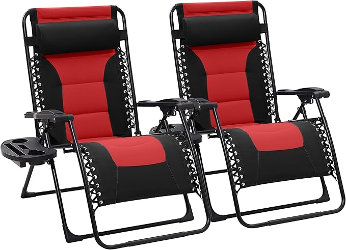 JEAREY Oversized Padded Zero Gravity Chairs Set of 2, Folding Lounge Chair Outdoor Patio Recliner, Anti Gravity Chair for Backyard with Headrest, Cup Holder, Side Tray, Polyester Mesh - Black/Red
