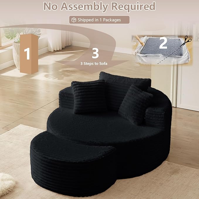 74.6" Oversized Round Chaise Lounge Chair with Ottoman Indoor, Fluffy Upholstered Corduroy Deep Seat Large Boneless Circle Couch Sofa Chairs for Living Room, Bedroom, No Assembly Required, Black