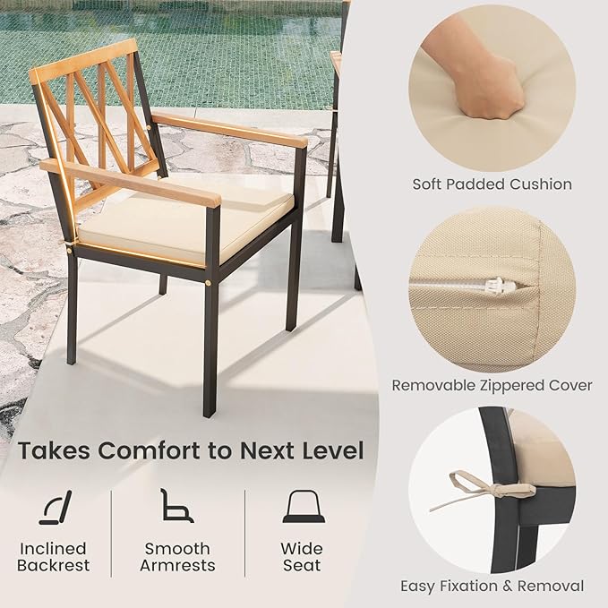 Tangkula 9 Piece Patio Dining Set, Outdoor Rectangular Dining Table w/Acacia Wood Top & Umbrella Hole, Metal Frame Dining Table & Chairs Set w/Removable Seat Cushions for Yard, Porch, Garden, Deck