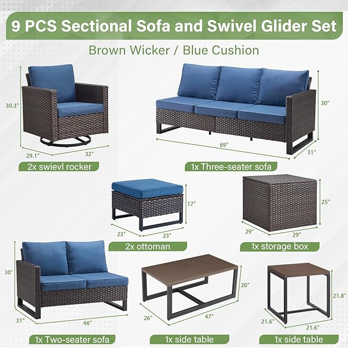 Belord Patio Conversation Set with Swivel Glider Chairs - 9 Piece Outdoor Sectional Furniture Set with Storage Box and Metal Top Table Brown Wicker/Blue Cushions