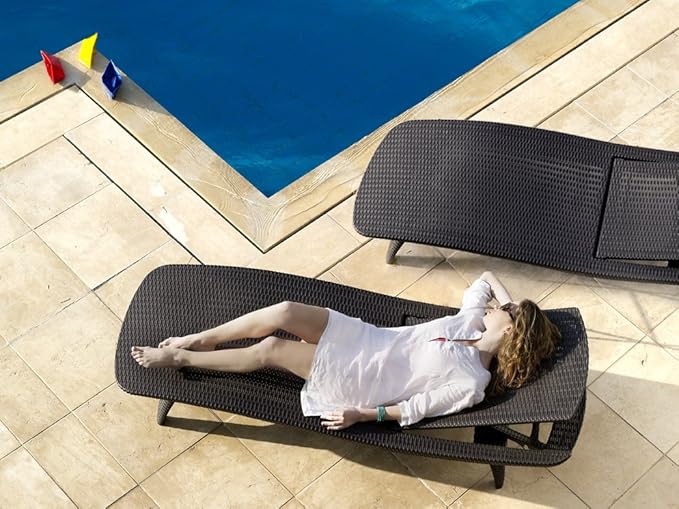Keter Set of 2 Pacific Sun Lounge Chair Outdoor Chaise Pool Chairs with Resin Rattan Look and Adjustable Back