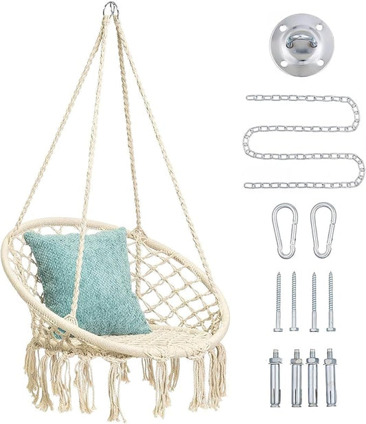 Hammock Swing Chair for 2-5 Years Old Kids,Handmade Knitted Macrame Hanging Swing Chair for Indoor,Bedroom,Yard,Garden- 230 Pound Capacity Off-White- with Suspension Kit