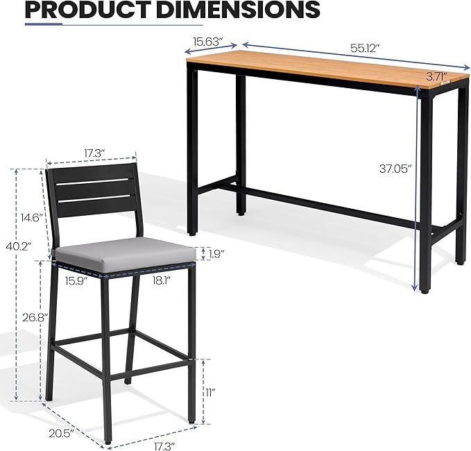 Crestlive Products Outdoor Bar Table and Chairs Set, 3 Piece Outside Patio Bar Set with 55" Long Bar Table and 2 Bar Stools for Balcony, Bistro, Garden, Backyard(Brown Desktop and Light Gray Cushion)