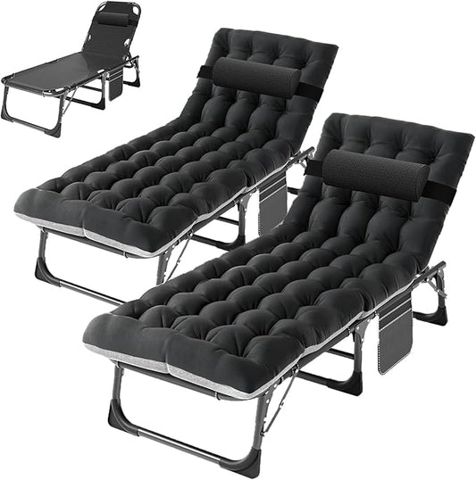ABORON 2PK Oversized Chaise Lounge Chair,5 Positions Padded Outdoor Tanning Chair,Heavy Duty Portable Chair for Sunbathing Patio Pool Lawn Deck Poolside,Support up to 440 Lbs, Deep Black-2 Set