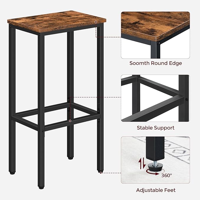 Set of 2 Bar Stools, 29.5" Tall Counter Bar Stools, Kitchen Breakfast Bar Chairs with Footrest, Rectangular Industrial Bar Chairs, for Dining Room, Rustic Brown and Black BAHR01701
