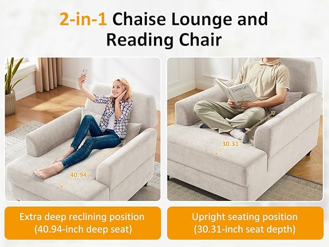Chaise Lounge Accent Chair Indoor with Adjustable Backrest, Oversized Armchair for Living Room & Bedroom, Upholstered Mid-Century Reading Chair, Comfy Single Sofa Chair, Modern Living Room Chair