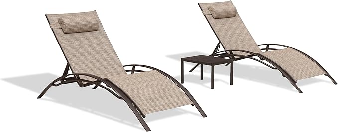 PURPLE LEAF Outdoor Oversized Chaise Lounge Chair Set of 3 Patio Pool Lounger Bronze Aluminum Chairs with Side Table Adjustable Tanning Recliner for Outside Backyard Yard Deck Balcony Beach Khaki