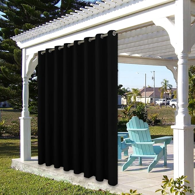 BONZER Outdoor Waterproof Curtains for Patio Wide Grommet Light Filtering Outside Curtains for Gazebo, Porch, Pergola, Pavilion, 1 Panel, 110W x 120L inch, Black